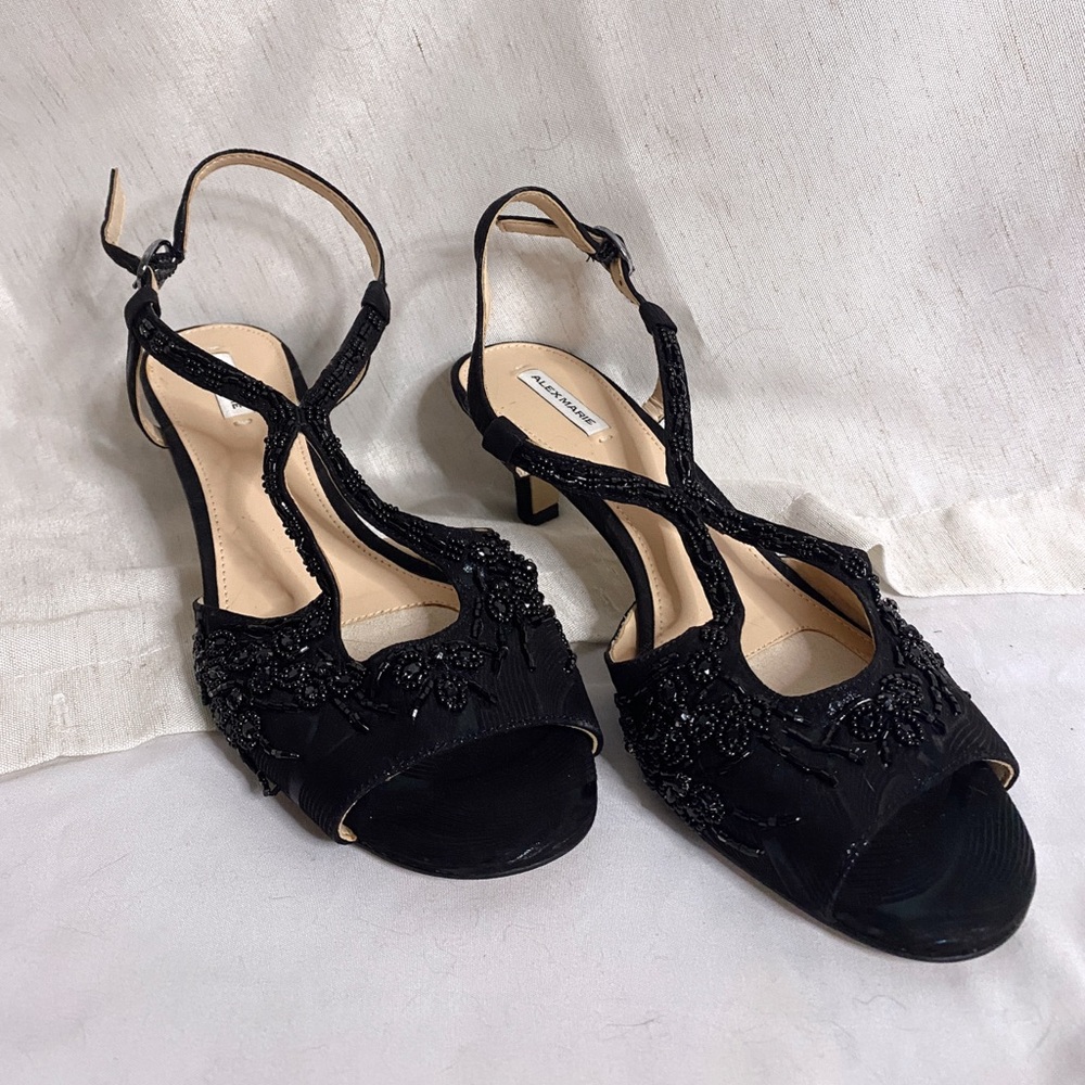 Vintage whimsigoth black beaded peep toe sling back kitten heels
